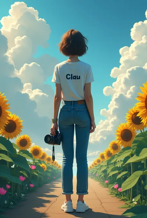 

generates a photo of a girl from behind with short hair on a road, May the road have sunflowers and lotus flowers and many clouds, that has a camera in hand and a laptop  , Also, her clothes should be mom jeans and a white t-shirt and on the t-shirt she ...