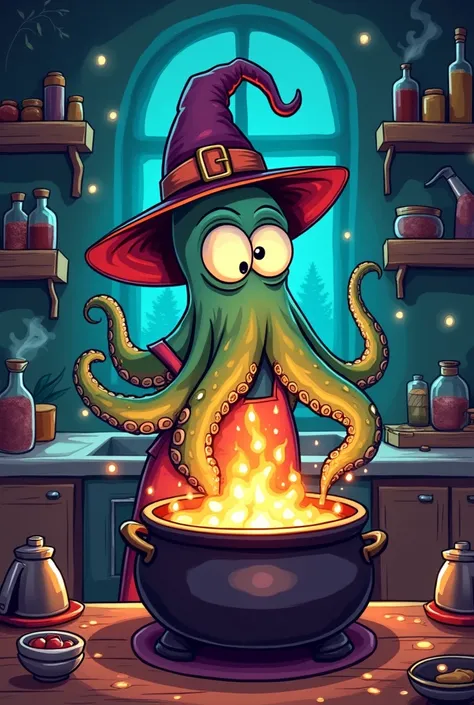  Cartoon drawing of an octopus witch cooking in a cauldron as a chef