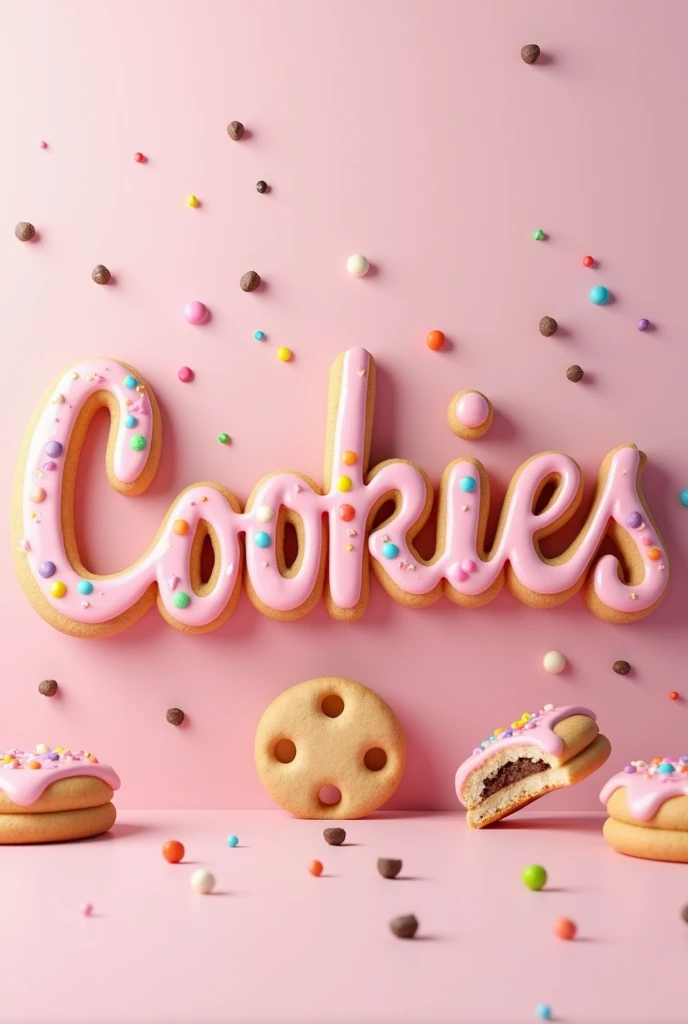 The word cookies in letters made of pink glazed cookies with chocolate or rainbow sprinkles or candy sprinkles 