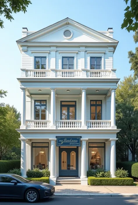 The neoclassical house, 3 story house, with its dominant white tone, exudes refined elegance and sophistication. The first floor is painted in a soft navy blue , adding a gentle touch to the architecture. A tastefully designed sign is mounted above the mai...