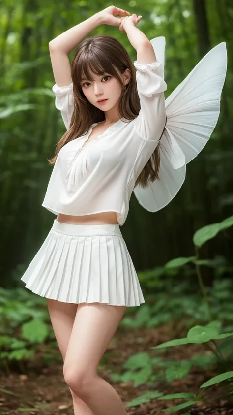 Product quality,1 girl,Cowboy Shot,Young and cute Japanese girls,(In a fantastic forest:1.2),(Thin white blouse:1.3), (White ultra short pleated mini skirt:1.5),(Like a fairy:1.3),(No pants:1.3),Very cute face,Glossy Lips,Beautiful big eyes,Brown eyes,Doub...