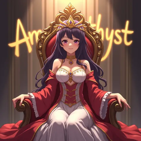 anime girl [2:3] sitting on the throne with a 
light yellow text "AMETHYST" at her back, 
wearing red  and white pincess attire, and wearing necklace with a pendant named "Ame", in a kingdom background, 