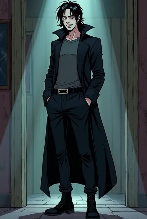 A tall, pale, teenage vampire with a brooding and mysterious vibe, depicted in a retro cartoon art style similar to Hanna Barbera. He has long, disheveled and tousled black hair with a widows peak that hangs over his dark eyes and drapes down his neck. His...