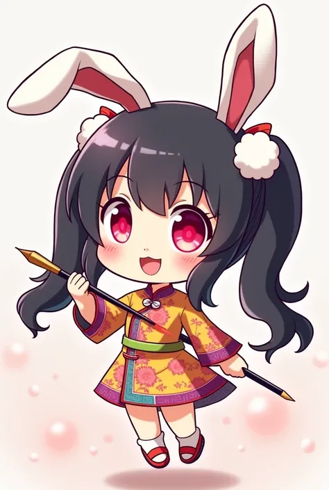  An adorable chibi character with Chinese yellow ancient costume, holding Chinese oil brush, 2D anime style, vector art, bright pink eyes, super high details, full body, white rabbit ears, pigtails long black hair, short dress, smile posing, 2 cotton ball ...