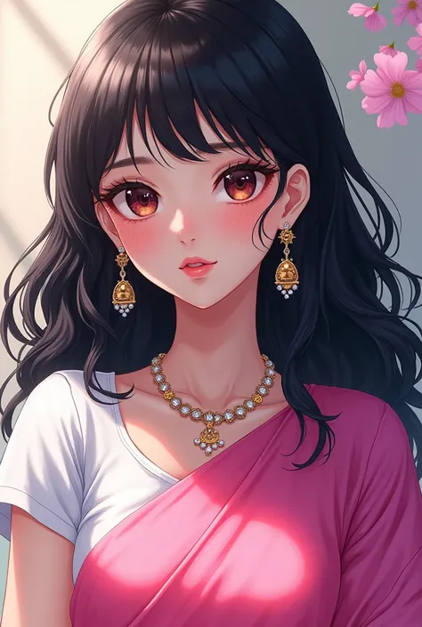 Girl sharp figure ,Smile, Jewelry, Black Hair, curly long hair, round face shape, small nose,glossy lips,big eye,sexy pose,thin eyebrow,pink white saree,white blouse,anime