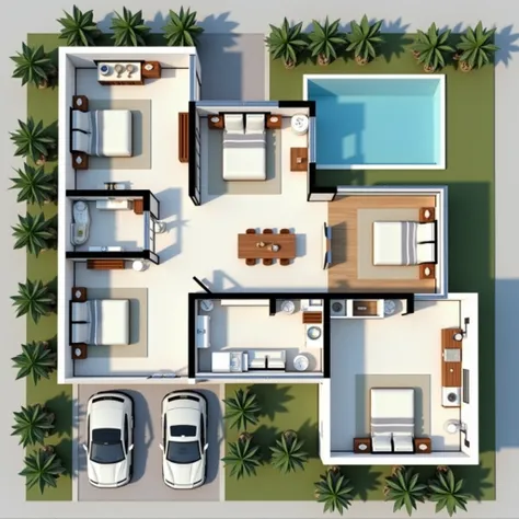 "Create a detailed floor plan for a white modern single-story house. The design should feature 4 bedrooms, 3 bathrooms, a spacious living room, and a kitchen, all fitting into 100 square meters. The floor plan should emphasize modern design principles, wit...