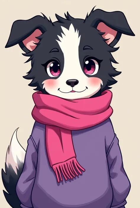 Make me a furry of the race" border collie" their hair is black and white, and he wears a purple sweatshirt,and pink scarf. in anime style