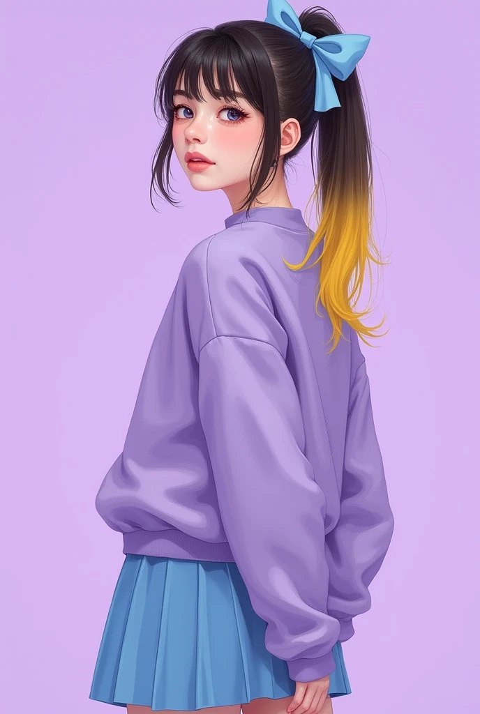 A brunette teenage girl with a ponytail and a yellow-dyed strand of bangs, wearing a pastel purple sweatshirt, striped long socks, black shoes,  blue skirt and a blue bow in her hair, and a purple background behind her 