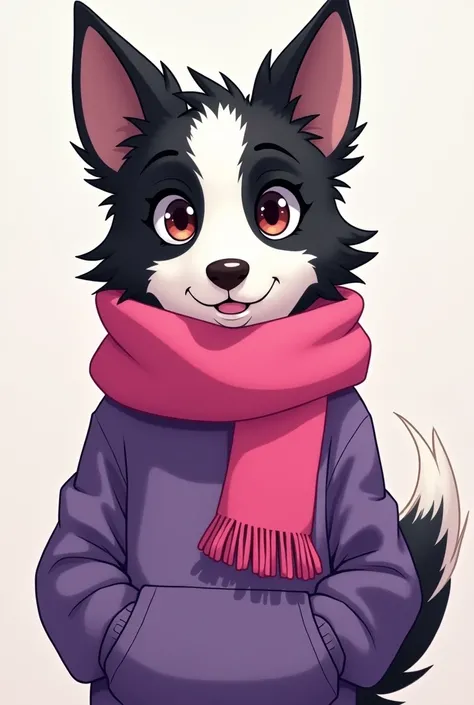 Make me a furry of the race" border collie" their hair is black and white, and he wears a purple sweatshirt,and pink scarf. in anime style