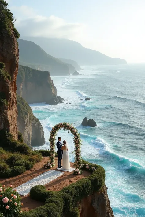 Perched on the edge of a cliff with a dramatic view of the crashing waves below, the ceremony space is set against a backdrop of endless ocean. A delicate floral arch stands at the cliff’s edge, and the sound of waves hitting the rocks below creates a mesm...