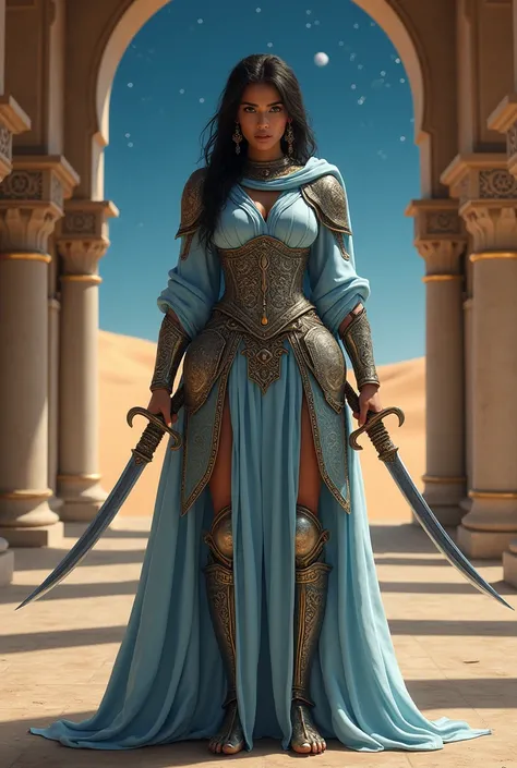 A woman is in a desert palace, wearing light armor inspired by Arabian culture blue, with flowing fabrics and intricately engraved metal plates. He holds two curved scimitars  ready for battle. The desert stretches out behind them under a starry sky.