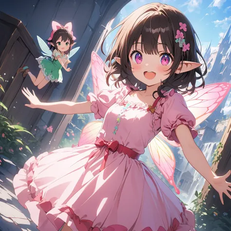 翼と緑の背景に緑と黒の衣装を着たanimeの女の子, Pixie character, Fairy Forest Fairy Insect Trainer Girl, brunette elf with fairy wings, Pixie, cute 3d anime girl rendering, April Rendering, Fairy Dance, Leg spread  、(Best Quality、masterpiece、High resolution、detailed)、animeスタイル...