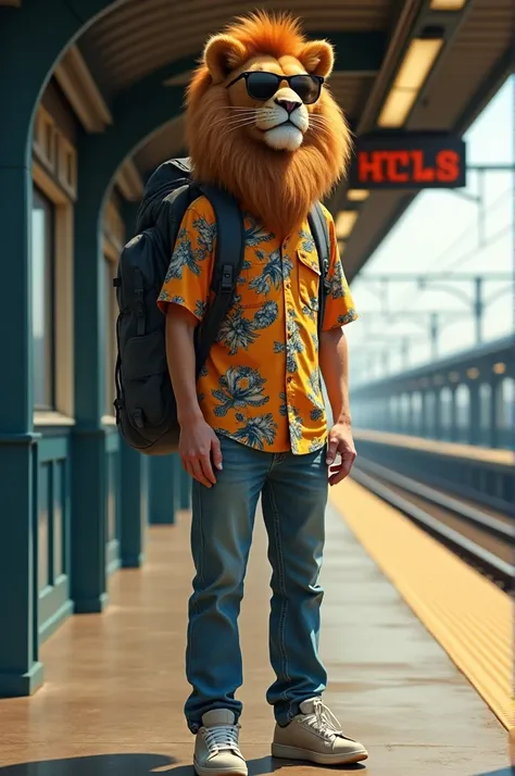 In front of the train station, a man with a lion&#39;s head, wearing a Hawaiian shirt, sunglasses, jeans, and sneakers, nine feet down from the train with a large backpack.