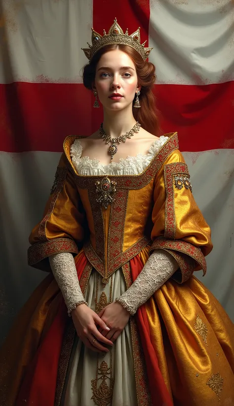 The young and beautiful Queen Elizabeth I, whole body, England flag background