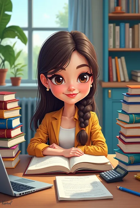 Create a age 20 student girl caricature reading book study on table and books ( accounts, law , tax , audit , cost , fm sm books name mention on books )  laptop and calculator on table and girl writing something on book 
And add caricature logo name  komal...