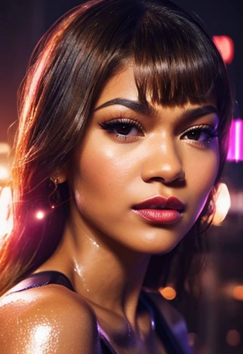 Zendaya　Mature Woman　40 years old　Plump and glamorous figure　full body view Blonde with bangs　((eye glass))　bright red lips　Duck mouth　Super shiny topless 　Flushed cheeks　((Cyberpunk night city with shining laser beams))　Portrait　Looking at the camera　Sult...