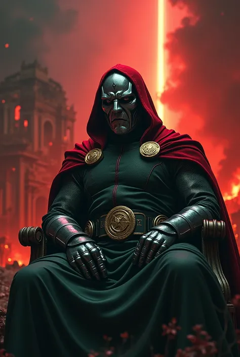 Doctor doom face Robert Downey Jr sitting in hell
