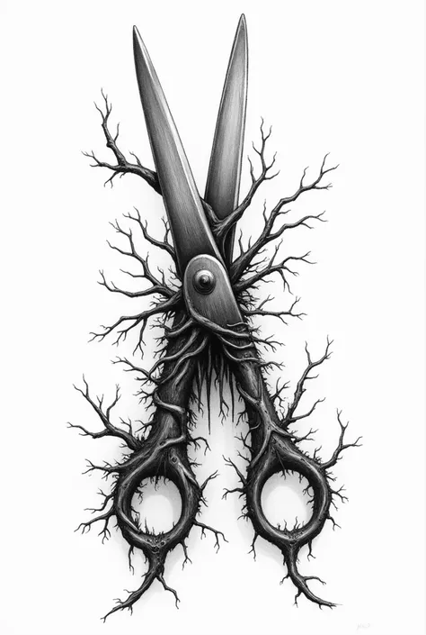 Black and white drawing of hair cutting scissors, Traso made of branches, its leaves and eyes made of branches. creepy 