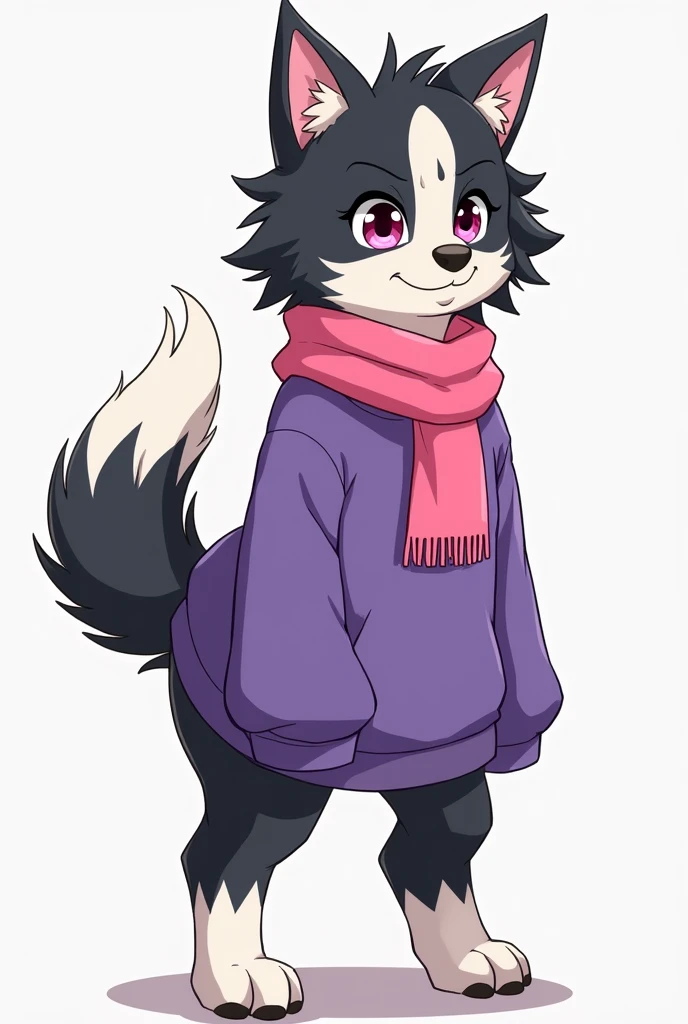 Make me a furry of the race" border collie" their hair is black and white, and he wears a purple sweatshirt,and pink scarf. in anime style, and make him an adult, and with a horse&#39;s tail, and lots of hair on the neck 
