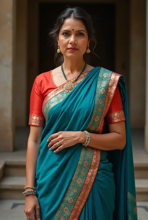 A 40 years old aunty, Peacock blue saree with light red border and light red sleave less jacket, With that, one edge of the jacket was tied with a pin and the other one went down carrying the other one by the elbow.