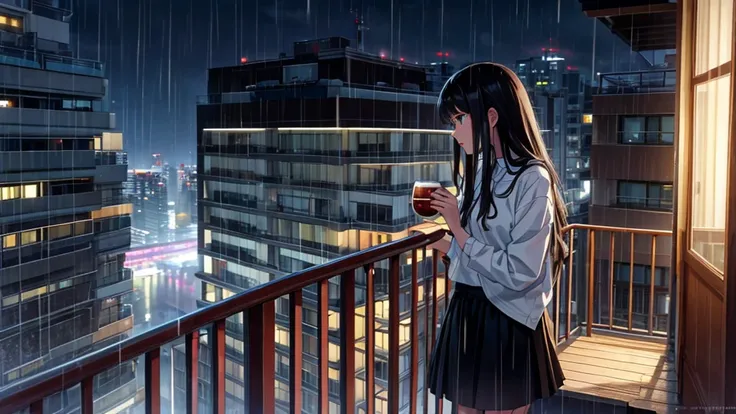 a lonely white girl with half-black hair and a black skirt leaning on the balcony railing drinking tea looking at the rainy night
