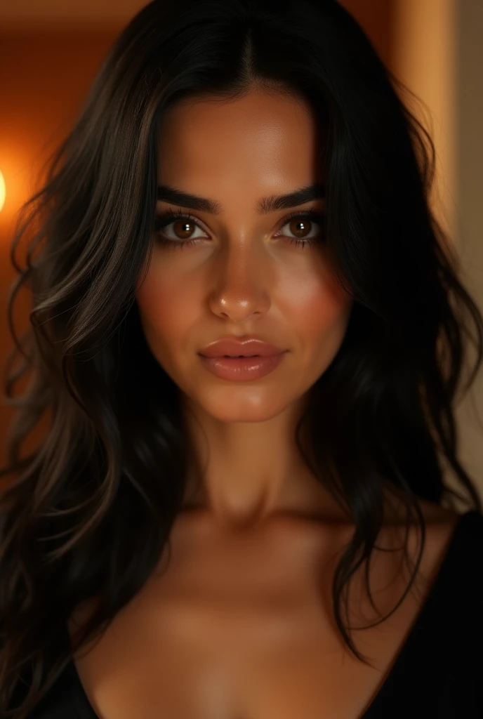 a woman in her 30s, close-up of chest and face, black eyes, black hair, warm background, smirking expression, detailed portrait, photorealistic, cinematic lighting, high quality, 8k, masterpiece