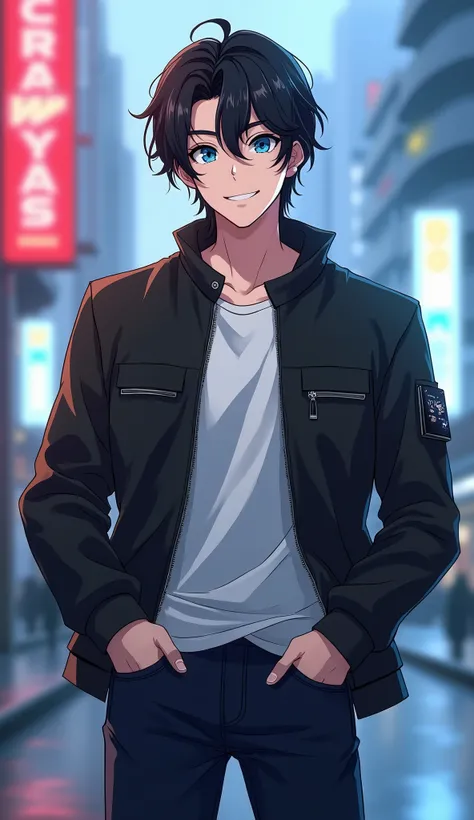 Create a highly detailed, ultra HD image of a 20-year-old anime boy character with a good-looking, handsome face. He has medium-length, tousled black hair, expressive blue eyes, and a confident smile. His outfit is modern, featuring a sleek, fitted jacket,...