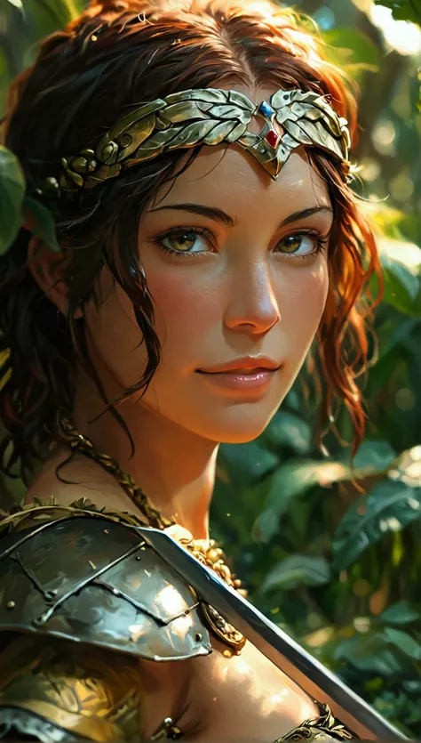 in the jungle, a very strong amazon, friendly, brave. In one hand he has a sword, and on the other a round shield. She smiles at us inviting us to join her in living a thousand and one adventures with her..Renaissance, short hair, High resolution, masterpi...