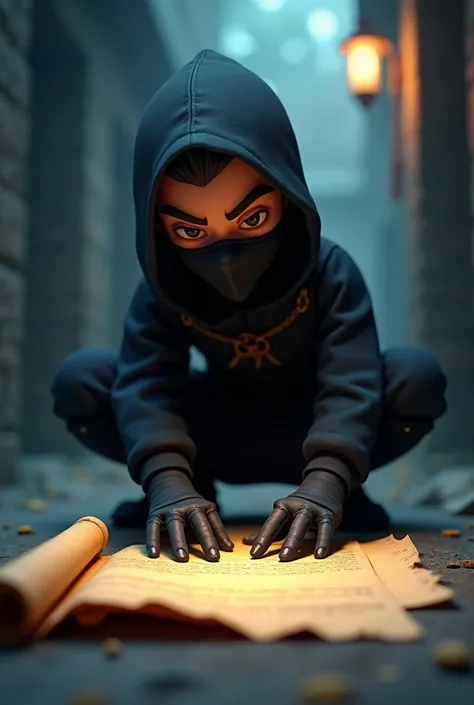 In cinematic 3D cartoon style "A close-up of the ninja discovering a hidden letter from one of the defeated bandits. The letter is partially unrolled and illuminated by a soft, eerie light."