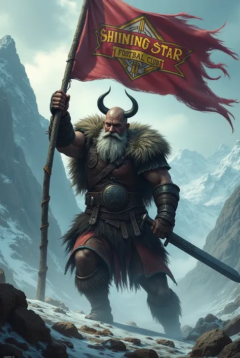 The viking warrior is fighting with the sword carrying the vikings flag written the name - shining star football club