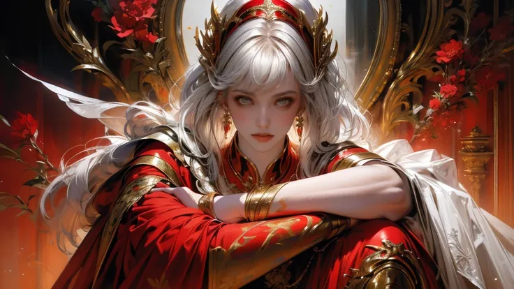 a beautiful woman with delicate features, wearing a regal red and white shirt, sitting on a chair against a red white background, black and white wings, holding a sword, a crown on her head, surrounded by a tangled floral design with glowing skin, highly d...