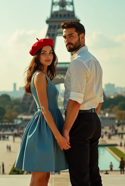 wes anderson style photo, 35mm film, woman dressed in blue dress with red shoes and red French beret, golden light, serene faces, distinctive noses, cityscape photographer,half body shot, facing camera, beautiful woman, green eyes. Posing. Holding hands of...