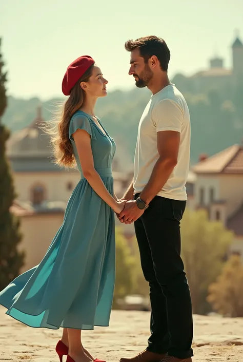 wes anderson style photo, 35mm film, woman dressed in blue dress with red shoes and red French beret, golden light, serene faces, distinctive noses, cityscape photographer,half body shot, facing camera, beautiful woman, green eyes. Posing. Holding hands of...