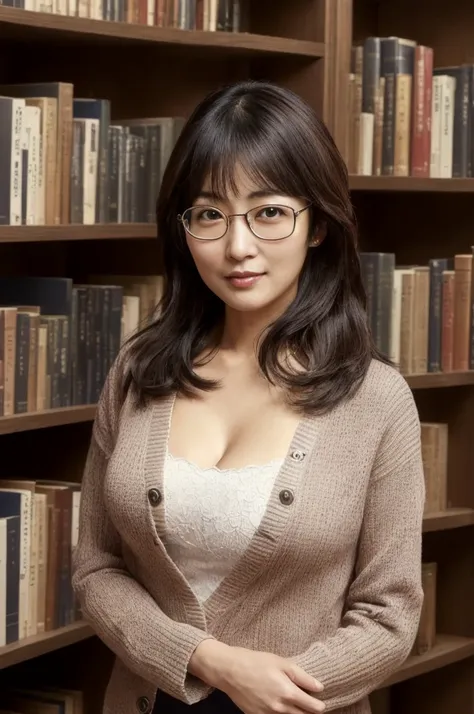 arafed asian woman in glasses standing in front of a book shelf, deayam to whom, suzuki kiyoko, ayami kojima amano, ayamin to wh...