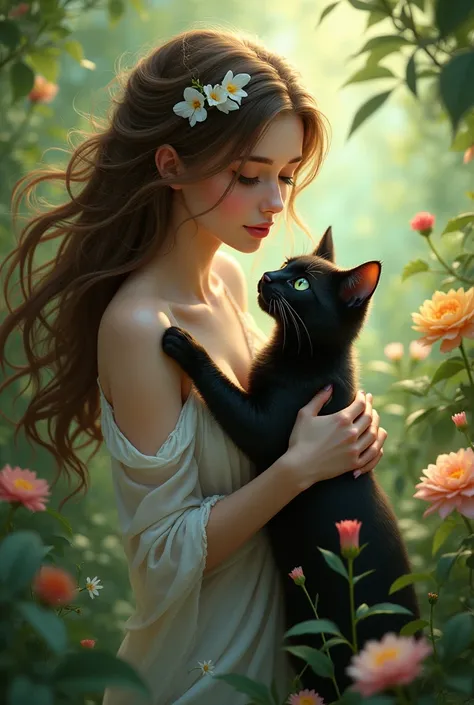 White woman with brown eyes and brown hair with a fairy appearance hugging a short-haired black cat with green eyes on a natural background with many flowers resembling an enchanted garden