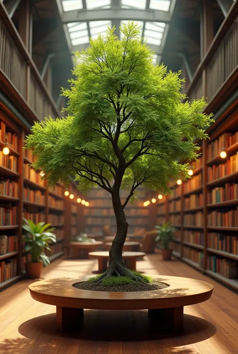 A small tree surrounded by a circular seat, inside a warmly lit bookstore