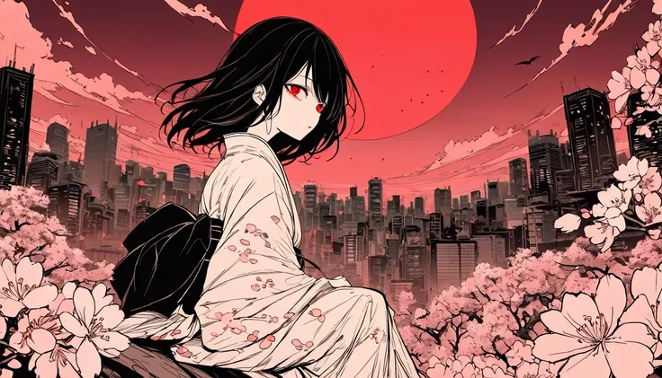 Long black hair blowing in the wind.Vast red sky。One person。full moon。((Flat Color)),((Calm colors)),Spooky atmosphere。A woman is sitting backwards。Japan。Tattered white kimono。night。Black Belt。White silk kimono。Many giant cherry blossoms。Cherry Blossoms。Ho...