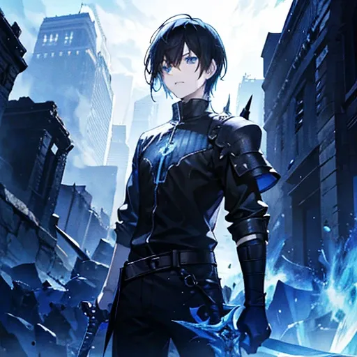 Game world, A Shattered World, Male protagonist of RPG game, Adventurer, Black Hair, Short Hair, Blue Eyes, Black clothes, Holding a sword, Sword Master