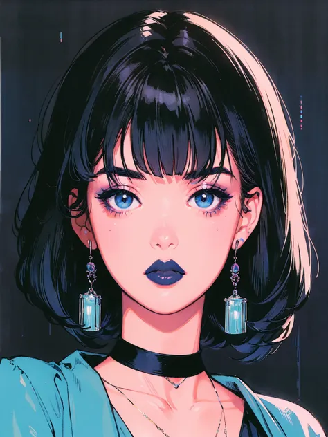 (best lighting) (best quality, masterpiece:1.2), illustration by hajime sorayama, perfect body, hyperfeminine curves, woman, short black hair, bangs, blue eyes, curvy, black lipstick, black eyeliner, earrings, high fashion, solo