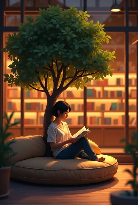 A small tree surrounded by a comfortable circular seat with a backrest, inside a warmly lit bookstore, and a person sitting reading a book