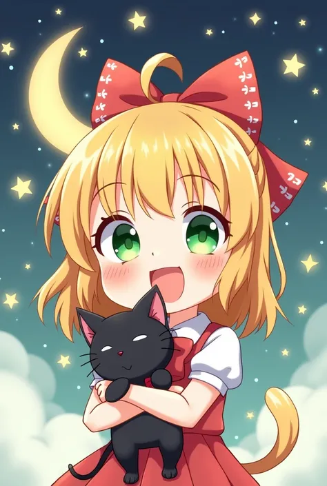 1girl, chibi style, girl, Green eyes,blonde hair, big smile, bow tie on head, happy face, holding a black cat, sparkling star and moon background