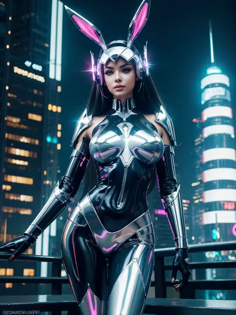 A stunning, futuristic cyborg Playboy Bunny, crafted from sleek polished chrome and gold accents, embodies the essence of cyberpunk chic. Her curvaceous figure, adorned with intricate metallic details, exudes confidence and sophistication. With piercing ey...