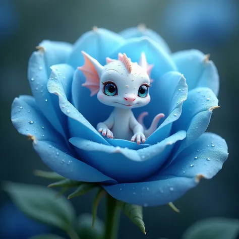 A tiny white baby dragon with large eyes curled up inside a blue rose, glistening dew drops on the rose petals.