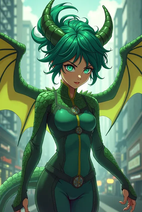 Green haired dragon girl with gem eyes my hero academia style