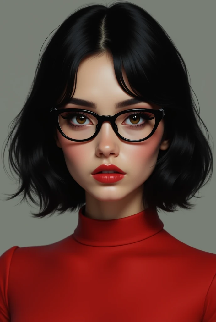 Brunette girl with mid back black hair with big lined eyes wearing square glasses and wearing a red dress