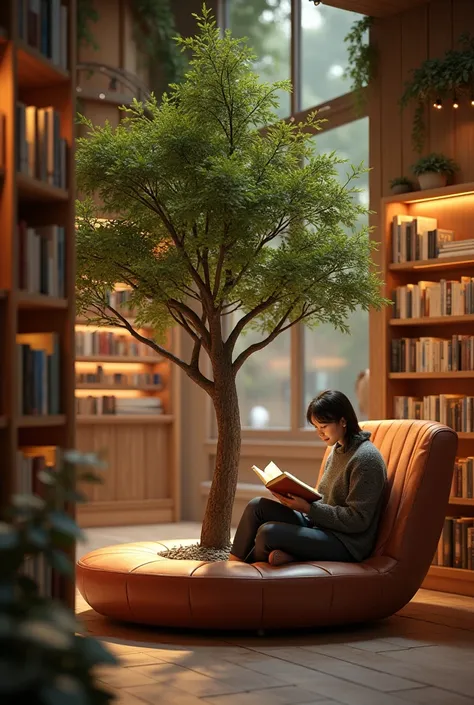 A small tree surrounded by a circular seat with a backrest, inside a warmly lit bookstore, and a person sitting reading a book