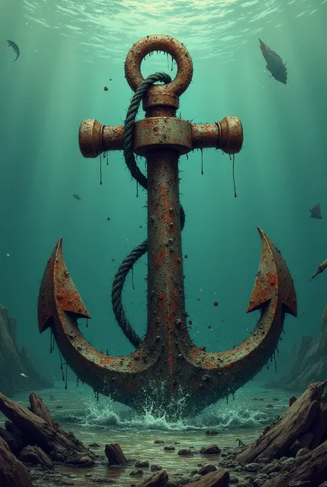 Generate an illustration of the word "Anchor" with elements such as anchor, water, water pollution and others