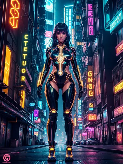 A cybernetic naked goddess rises from the neon-lit streets of a dystopian metropolis, her chrome and gold physique glinting like a fusion of humanity and machinery, amidst a kaleidoscope of vibrant city lights, where intricate circuits and metallic sheen s...