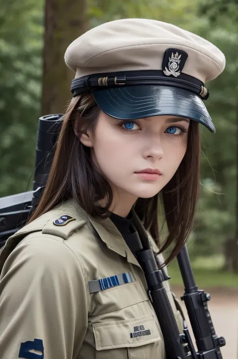 soldier,military cap,Silver shoulder-length hair,woman,,blue eyes,With a huge sniper rifle