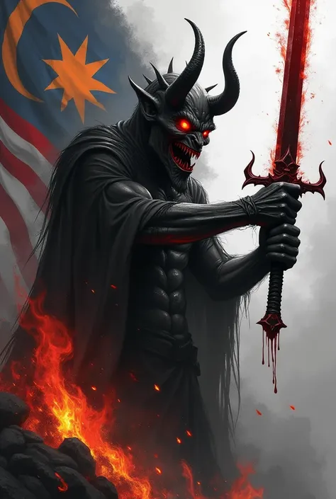 A war devil holding a bloody sword and a burning malaysian flag behind the angel as a background with a black and white, burning malaysian flag, burn out Malaysians flag, Malaysian 